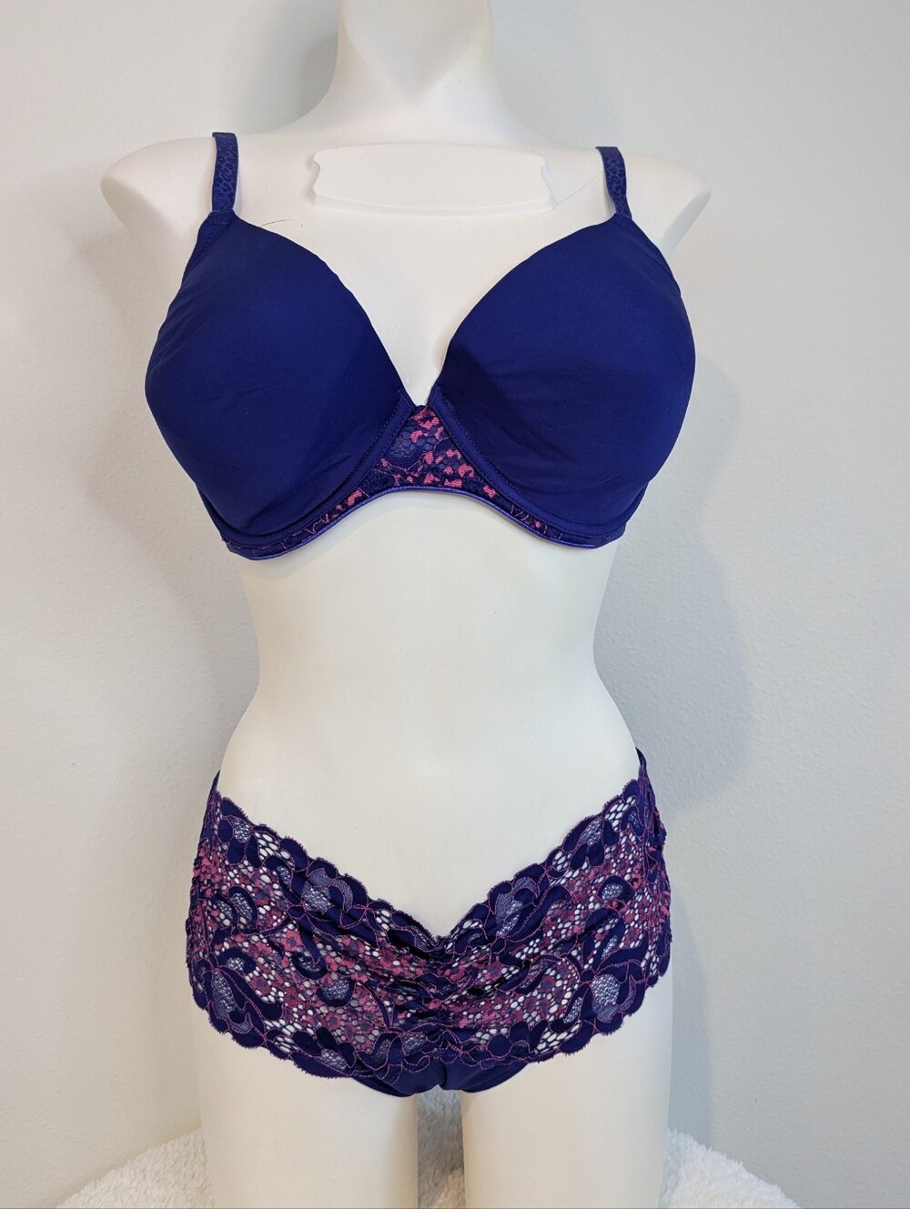 NWT Josie by Natori Navy Blue Lace Trim Contour Bra(36DD) & Boyshort Panty(L)